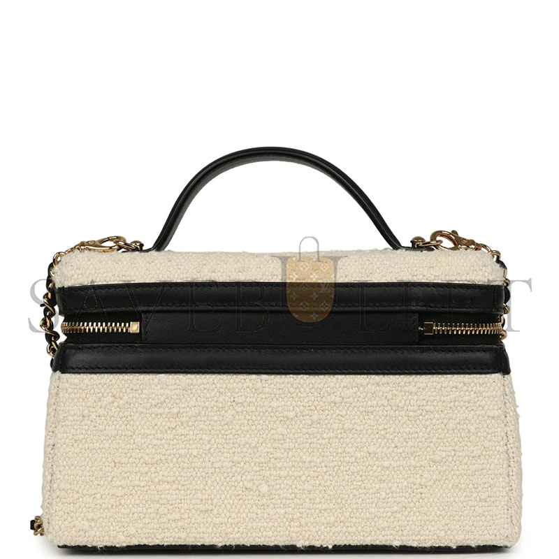 CHANEL COCO BEACH TOP HANDLE LONG VANITY CASE WITH CHAIN ECRU TWEED AND BLACK CALFSKIN GOLD HARDWARE (19*13*5cm) 